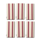 Ticking Stripe Christmas napkins in burgundy on ivory, set of six, folded on white, showing the same fine ticking stripes