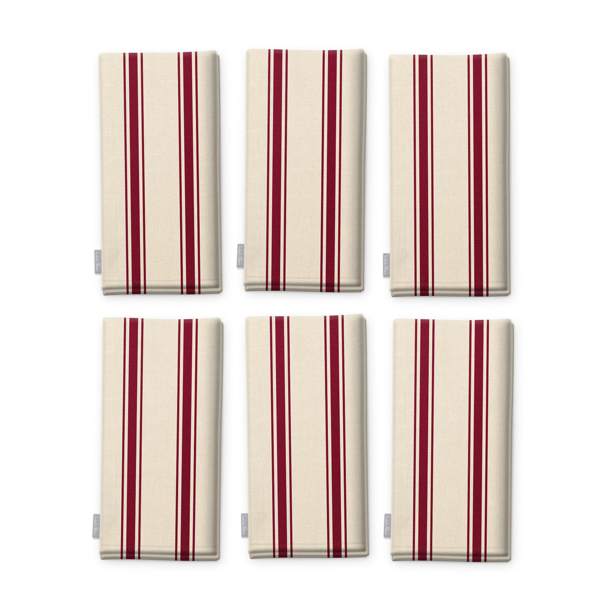Ticking Stripe Christmas napkins in burgundy on ivory, set of six, folded on white, showing the same fine ticking stripes