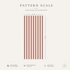 Pattern scale of the Ticking Stripe Christmas table runner in burgundy on ivory across its 44 cm width, with care notes