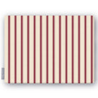 Ticking Stripe Christmas tablecloth in burgundy on ivory, folded on white, showing fine ticking stripes