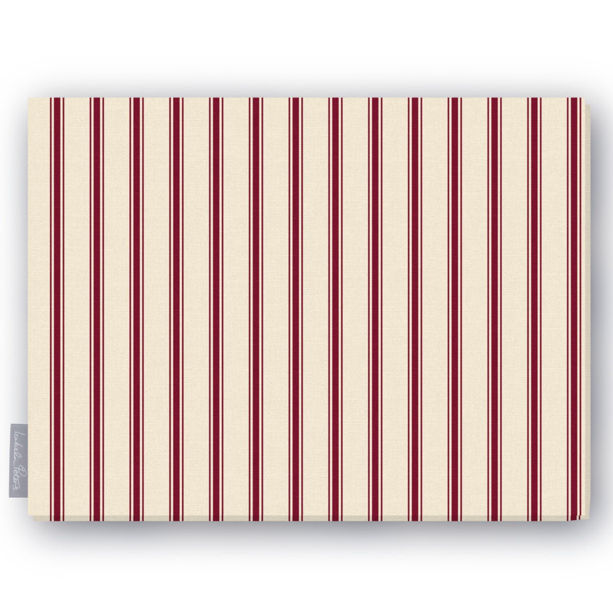 Ticking Stripe Christmas tablecloth in burgundy on ivory, folded on white, showing fine ticking stripes