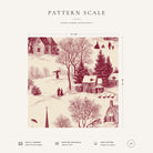 Burgundy on ivory Village Toile Christmas napkin pattern scale, showing the full 44 cm by 44 cm design.