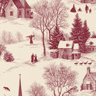 Close-up of the Village Toile Christmas napkin print in burgundy on ivory cotton, showing a snowy village