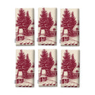 Village Toile napkins in burgundy on ivory, set of six, folded on white, showing the same fir tree and snowy cottage