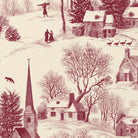 Close-up of the Village Toile Christmas table runner print in burgundy on ivory cotton, showing a snowy village