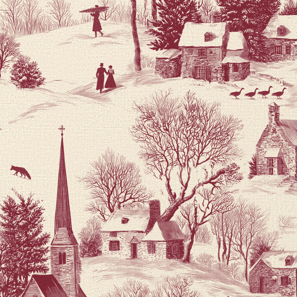 Close-up of the Village Toile Christmas table runner print in burgundy on ivory cotton, showing a snowy village