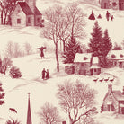 Close-up of the Village Toile Christmas tablecloth print in burgundy on ivory cotton, showing a snowy village