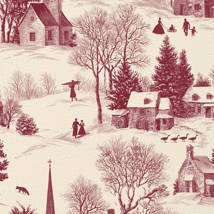 Close-up of the Village Toile Christmas tablecloth print in burgundy on ivory cotton, showing a snowy village