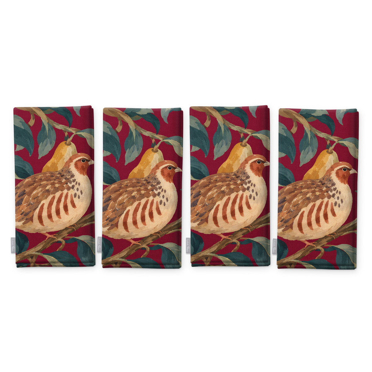 Burgundy Partridge and Pear Christmas napkins, set of four, folded on white, showing the same partridge among pears