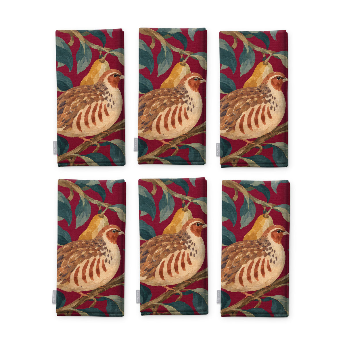 Burgundy Partridge and Pear Christmas napkins, set of six, folded on white, showing the same partridge among pears