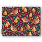Burgundy Partridge and Pear Christmas tablecloth folded on white, showing partridges among pears and leaves