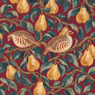 Close-up of the burgundy Partridge and Pear Christmas tablecloth print on cotton, showing partridges among pears and leaves