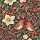 Close-up of the burgundy Robins and Christmas Roses napkin print on cotton, showing robins, Christmas roses and holly