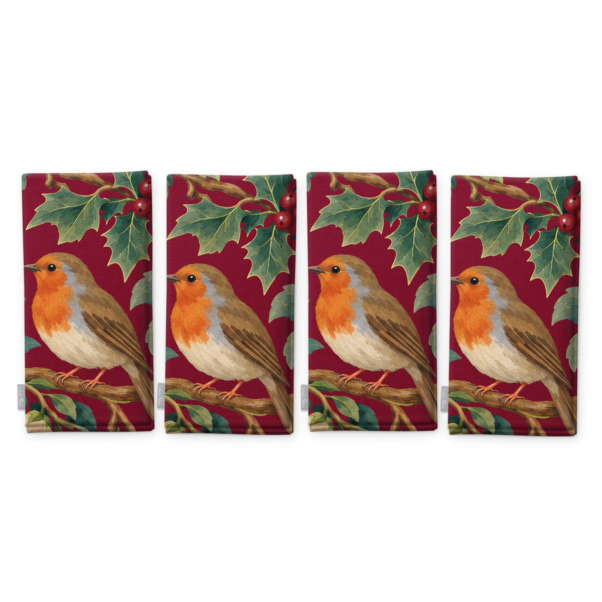 Burgundy Robins and Christmas Roses napkins, set of four, folded on white, showing the same robin under a sprig of holly