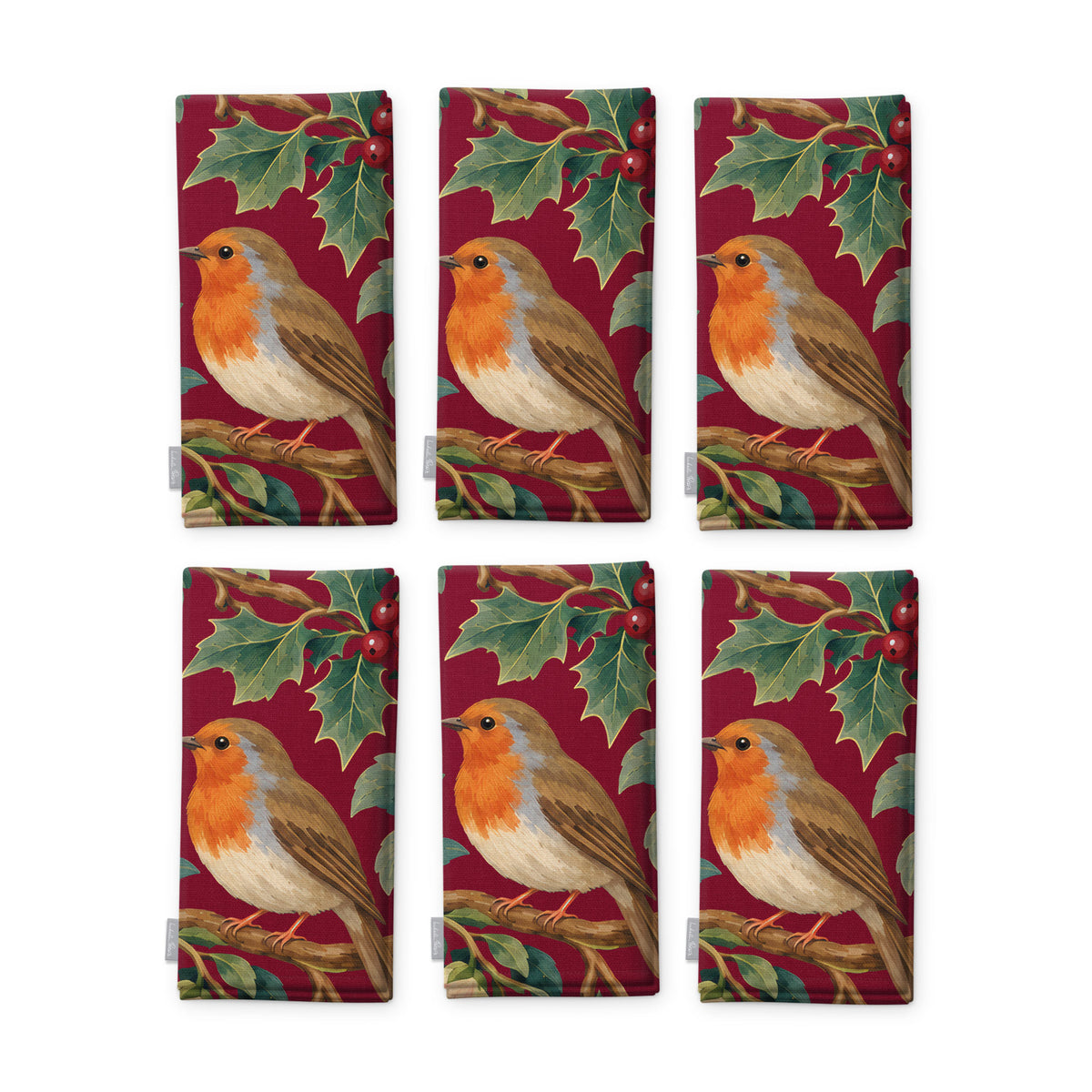 Burgundy Robins and Christmas Roses napkins, set of six, folded on white, showing the same robin under a sprig of holly