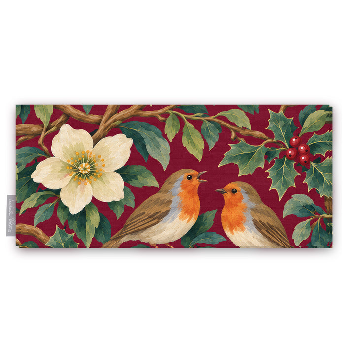 Burgundy Robins and Christmas Roses Christmas table runner folded on white, showing a Christmas rose and two robins