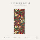 Pattern scale of the Robins and Christmas Roses Christmas table runner in burgundy across its 44 cm width, with care notes