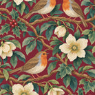 Close-up of the burgundy Robins and Christmas Roses table runner print on cotton, showing a Christmas rose and two robins