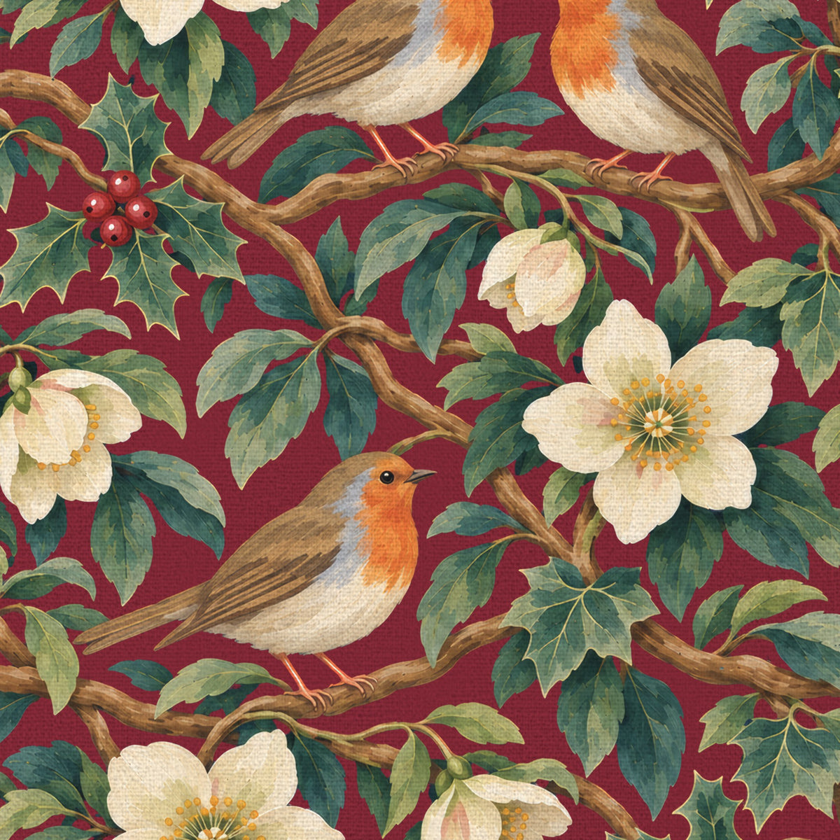 Close-up of the burgundy Robins and Christmas Roses table runner print on cotton, showing a Christmas rose and two robins