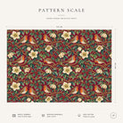 Pattern scale of the Robins and Christmas Roses Christmas tablecloth in burgundy across its 144 cm width, with care notes