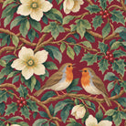 Close-up of the burgundy Robins and Christmas Roses tablecloth print on cotton, showing robins, Christmas roses and holly