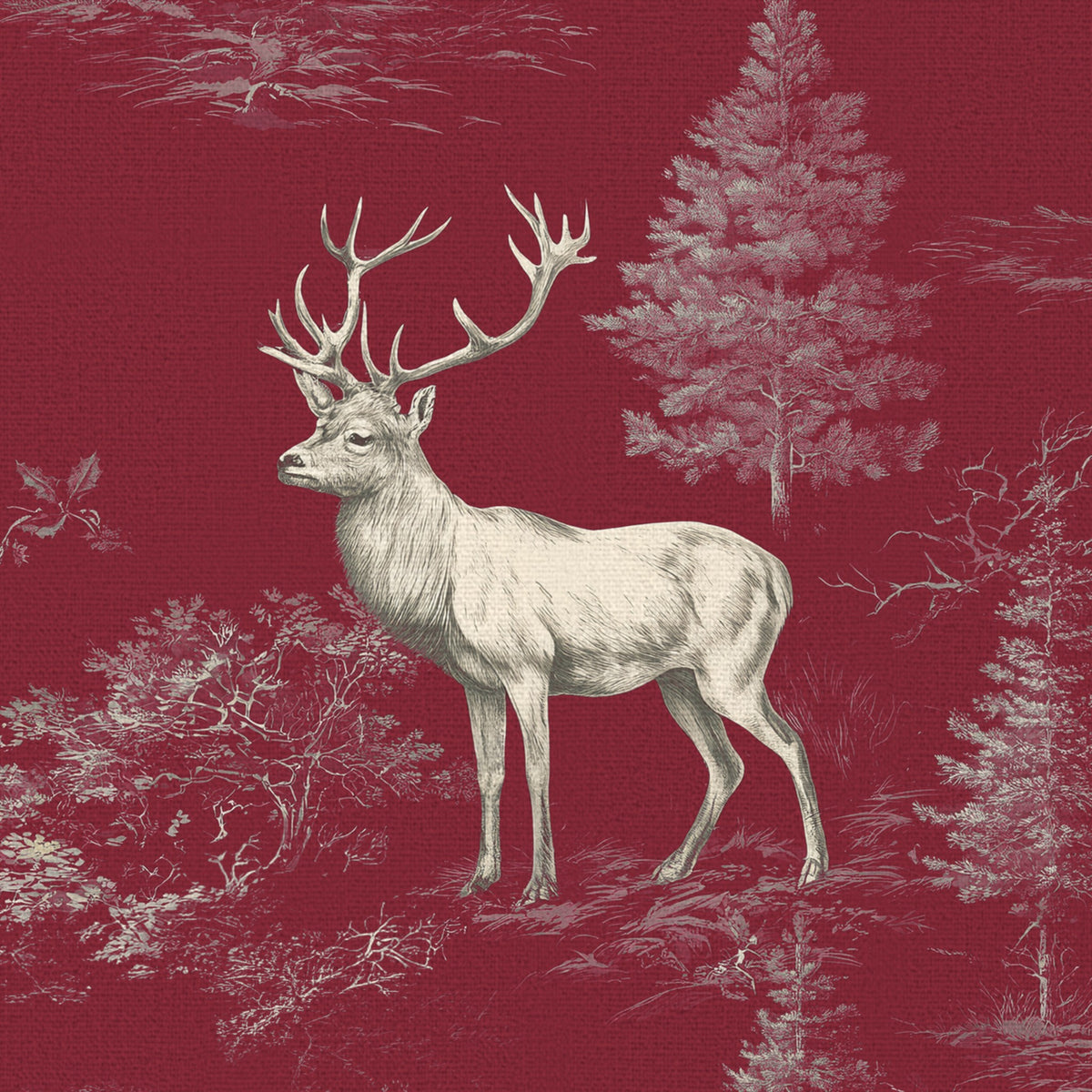 Close-up of the burgundy Stag Woodland Christmas napkin print on cotton, showing stags among woodland trees