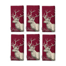 Burgundy Stag Woodland Christmas napkins, set of six, folded on white, showing the same stag head