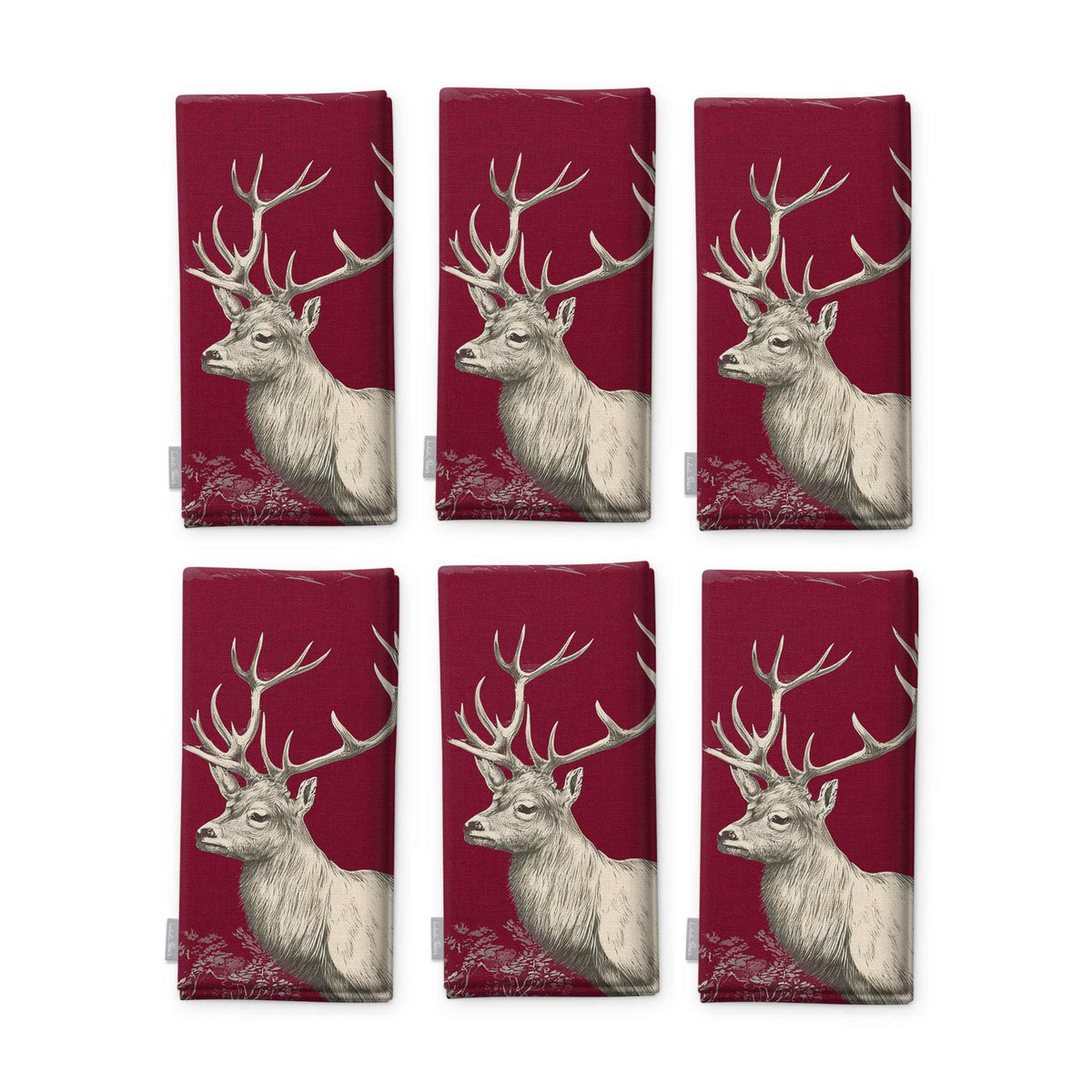 Burgundy Stag Woodland Christmas napkins, set of six, folded on white, showing the same stag head