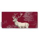 Burgundy Stag Woodland Christmas table runner folded on white, with a left-facing stag and fir trees