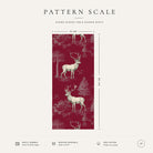 Pattern scale of the burgundy Stag Woodland Christmas table runner across its 44 cm width, with fabric and care notes