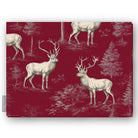 Burgundy Stag Woodland Christmas tablecloth folded on white, showing two whole stags facing each other