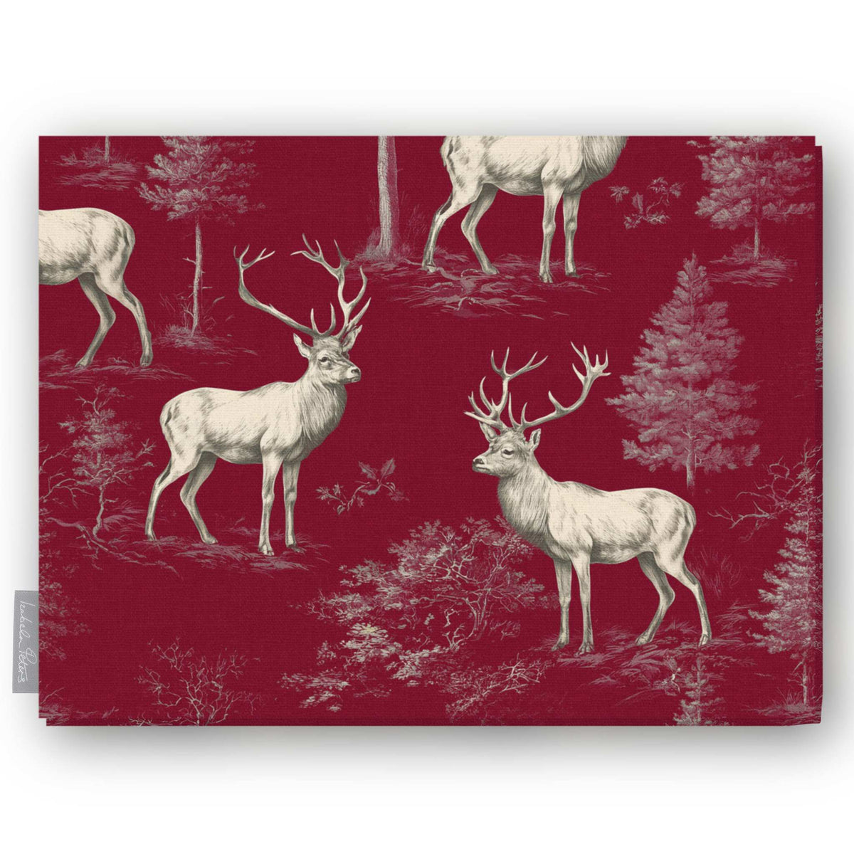 Burgundy Stag Woodland Christmas tablecloth folded on white, showing two whole stags facing each other