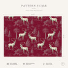 Pattern scale of the burgundy Stag Woodland Christmas tablecloth across its 144 cm width, with fabric and care notes
