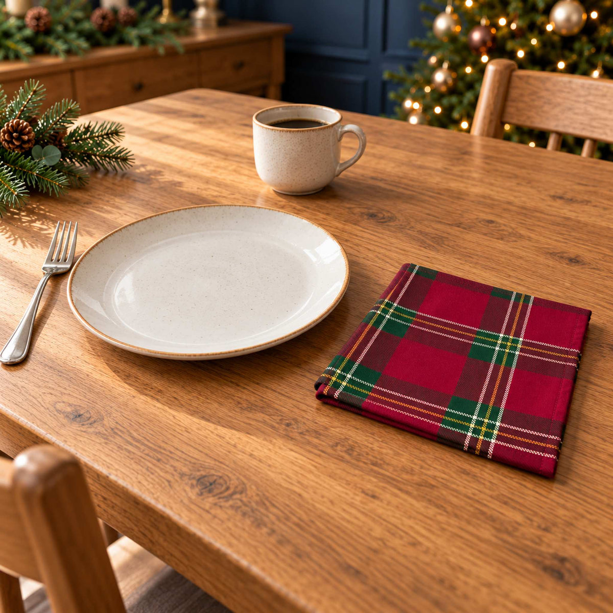 Burgundy Tartan cotton napkin in a compact square fold beside a dinner plate and coffee cup on a wooden table in daylight.