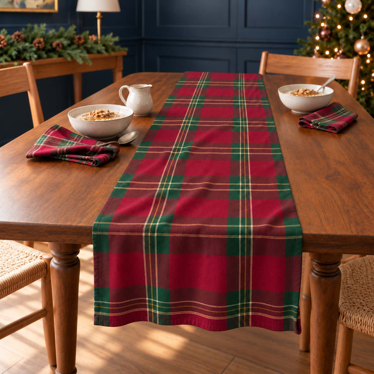 Tartan Christmas table runner in Burgundy, styled on a wooden table with a softly draped end in a daylight Christmas room.