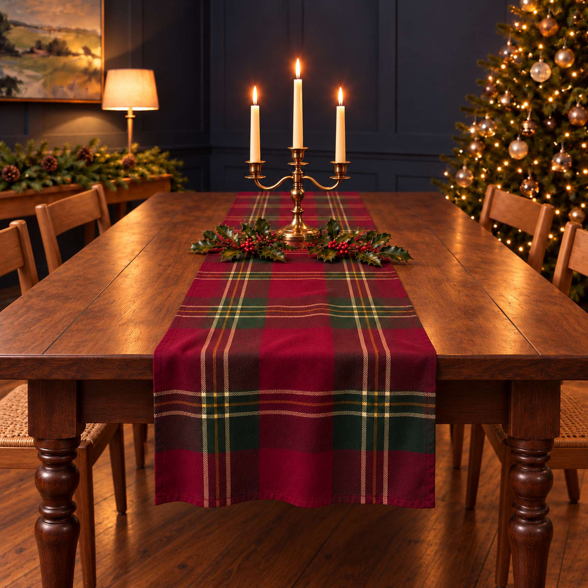 Tartan Christmas table runner in Burgundy, styled on a wooden table with a softly draped end in a candlelit Christmas room.