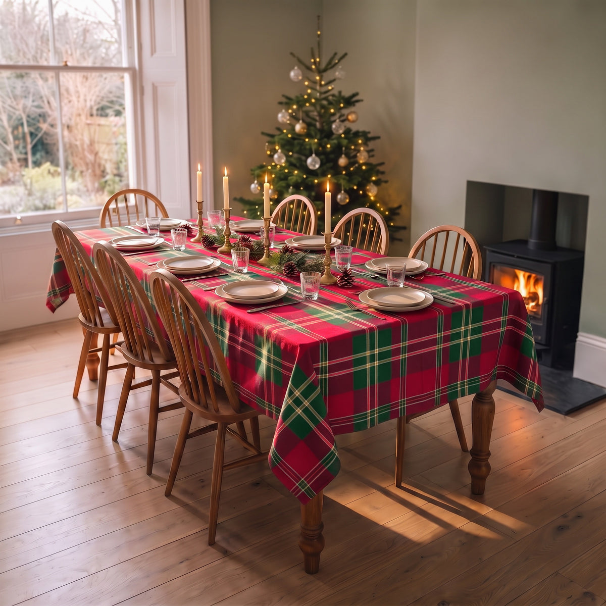 Burgundy tartan Christmas tablecloth on a dining table laid for Christmas, beside a decorated tree and a lit wood burner