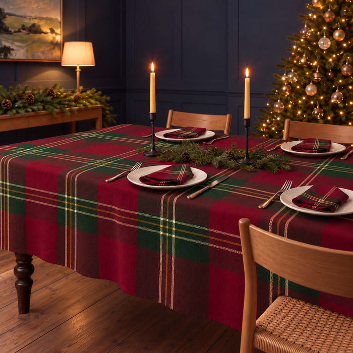 Burgundy Tartan Christmas tablecloth draped over a dining table with matching tartan napkins, ivory plates, evergreen branches and lit candles.