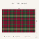 Burgundy tartan Christmas tablecloth pattern-scale infographic showing the 144 cm width, check design, fabric, hemming and care details