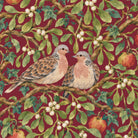 Close-up of the burgundy Turtle Doves and Mistletoe Christmas napkin print on cotton
