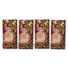 Burgundy Turtle Doves and Mistletoe napkins, set of four, folded on white, showing the same turtle dove among mistletoe