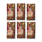 Burgundy Turtle Doves and Mistletoe napkins, set of six, folded on white, showing the same turtle dove among mistletoe