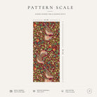 Pattern scale of the Turtle Doves and Mistletoe Christmas table runner in burgundy across its 44 cm width, with care notes