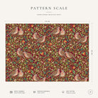 Pattern scale of the Turtle Doves and Mistletoe Christmas tablecloth in burgundy across its 144 cm width, with care notes