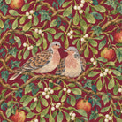 Close-up of the burgundy Turtle Doves and Mistletoe Christmas tablecloth print on cotton