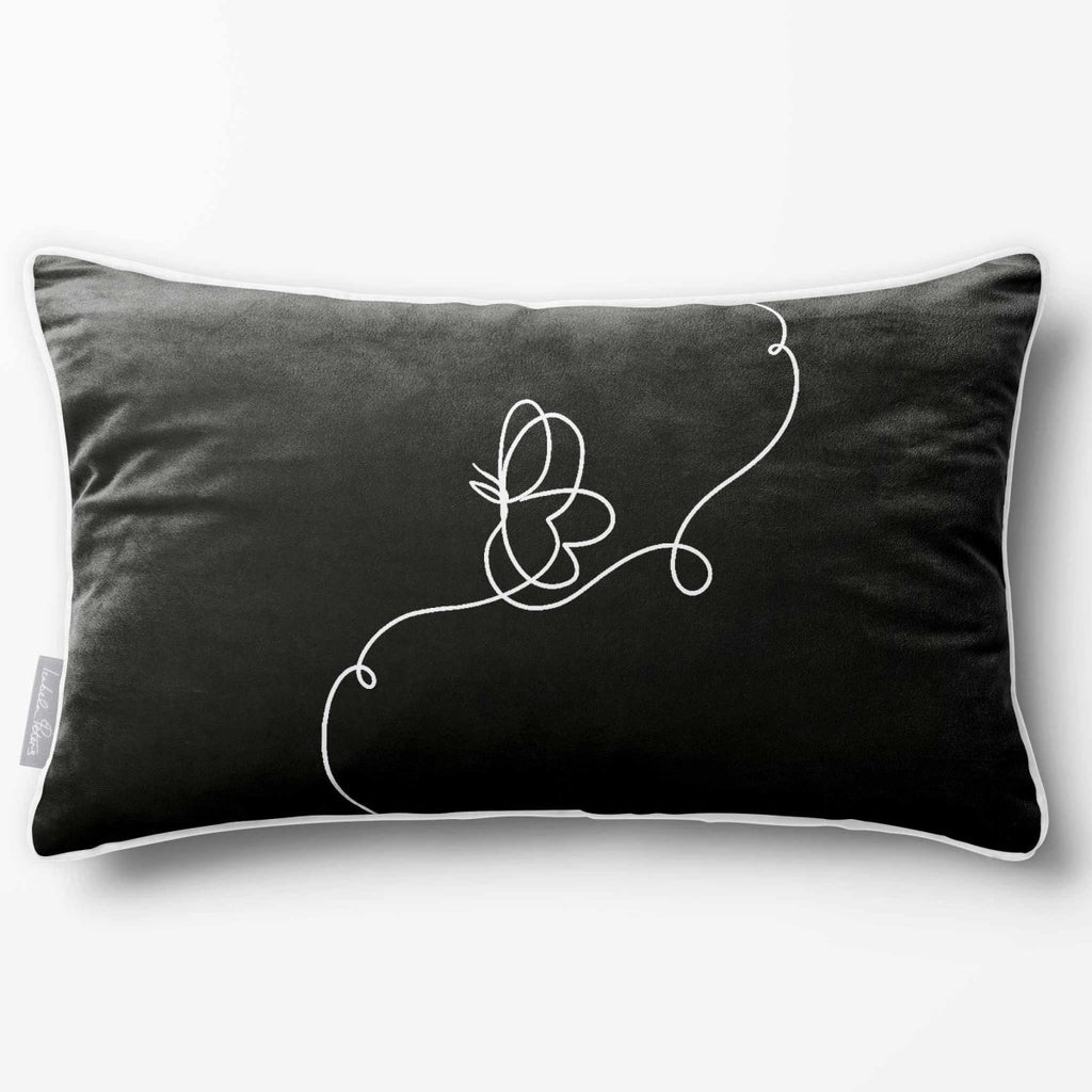 Butterfly | Sustainable Velvet Rectangle Cushion - Black & White 50 x 30 cm Piped by Izabela Peters