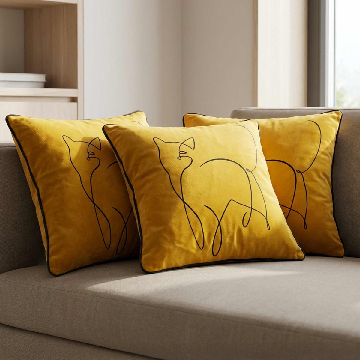 Cat | Sustainable Velvet Cushion - Mustard Ochre 40 x 40 cm Piped by Izabela Peters