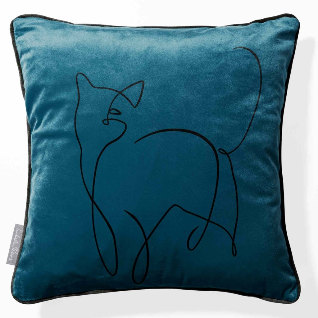 Cat | Sustainable Velvet Cushion - Teal 40 x 40 cm Piped by Izabela Peters