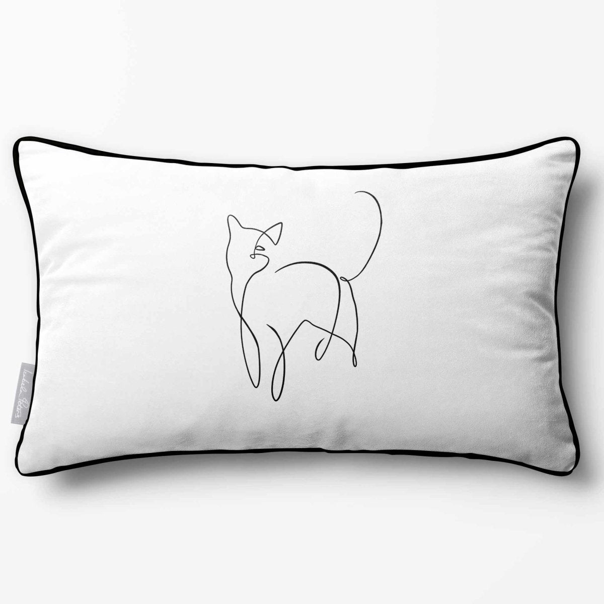 Cat | Sustainable Velvet Rectangle Cushion - White & Black 50 x 30 cm Piped by Izabela Peters