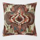 Court Medallion Cocoa & Teal linen-look square cushion, plain sewn edge, front view.